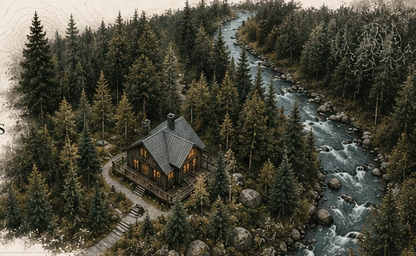An off-grid cabin tucked into dense forest beside a winding river in the Olympic foothills.