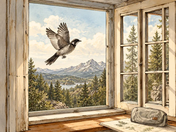 A bird flying toward a window opening to habitat.