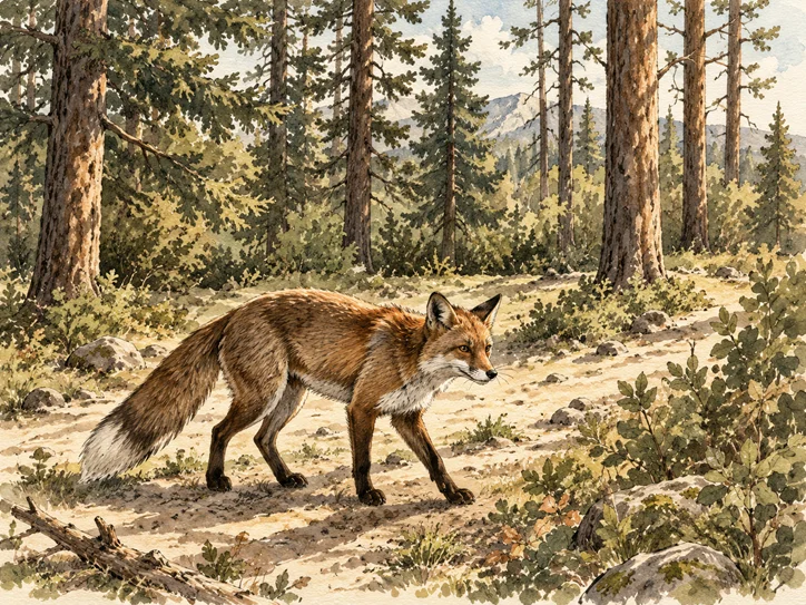 A fox moving through a forest landscape.