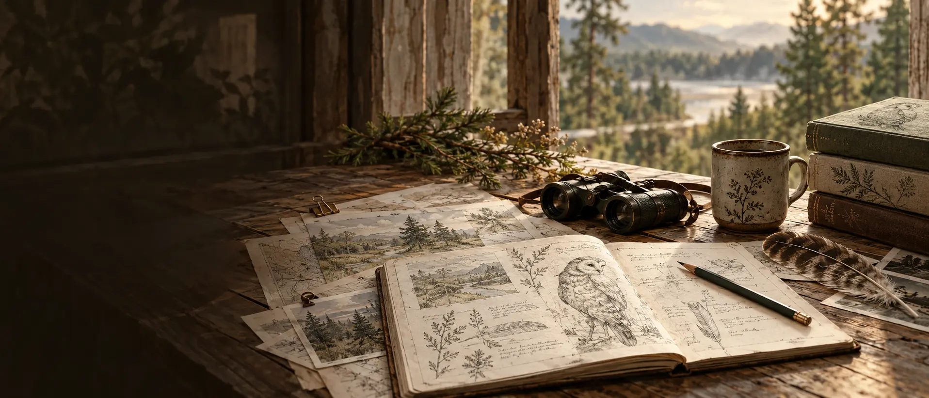 A drafting table covered with ecological sketches, plans, pencils, field notes, and natural specimens.
