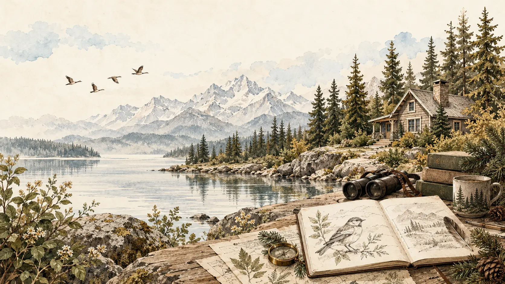 A naturalist's field library overlooking a mountain lake and a home within the living landscape.