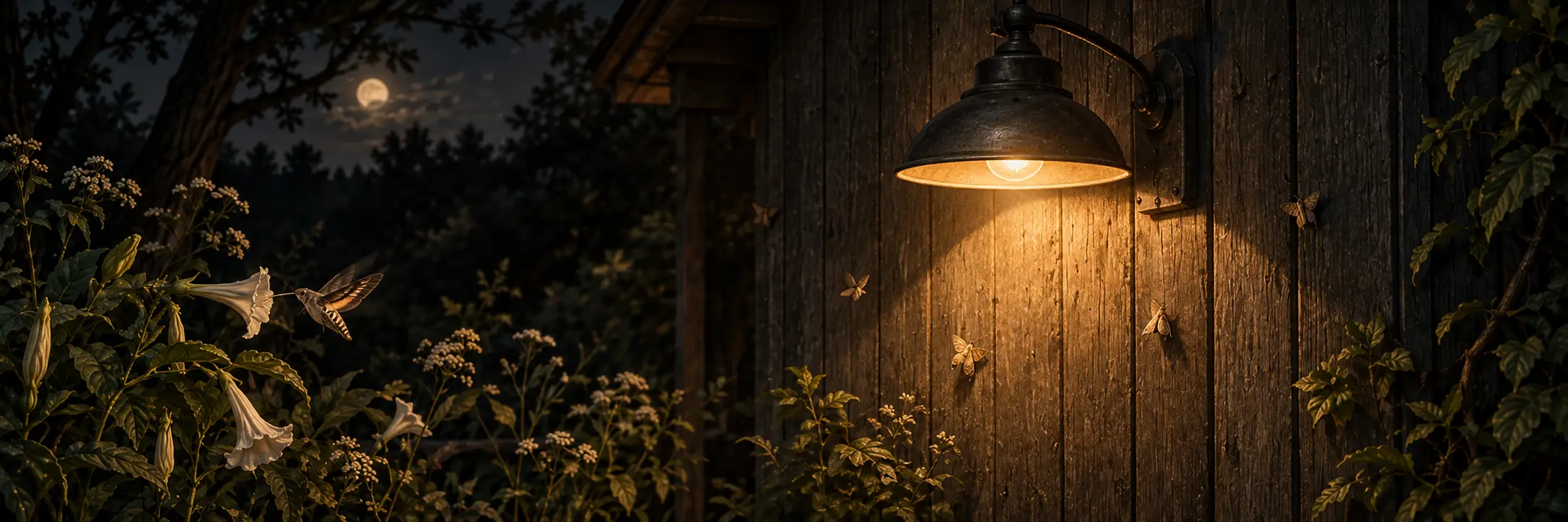 A shielded warm-toned porch light.