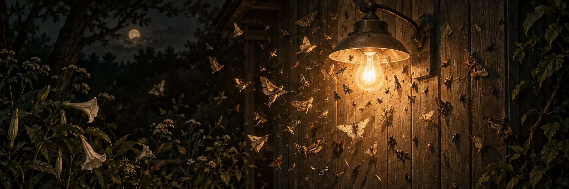 A standard porch light attracting moths.