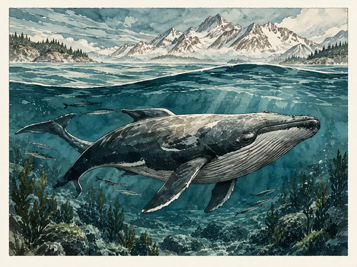 A whale beneath a rocky quarried shoreline.